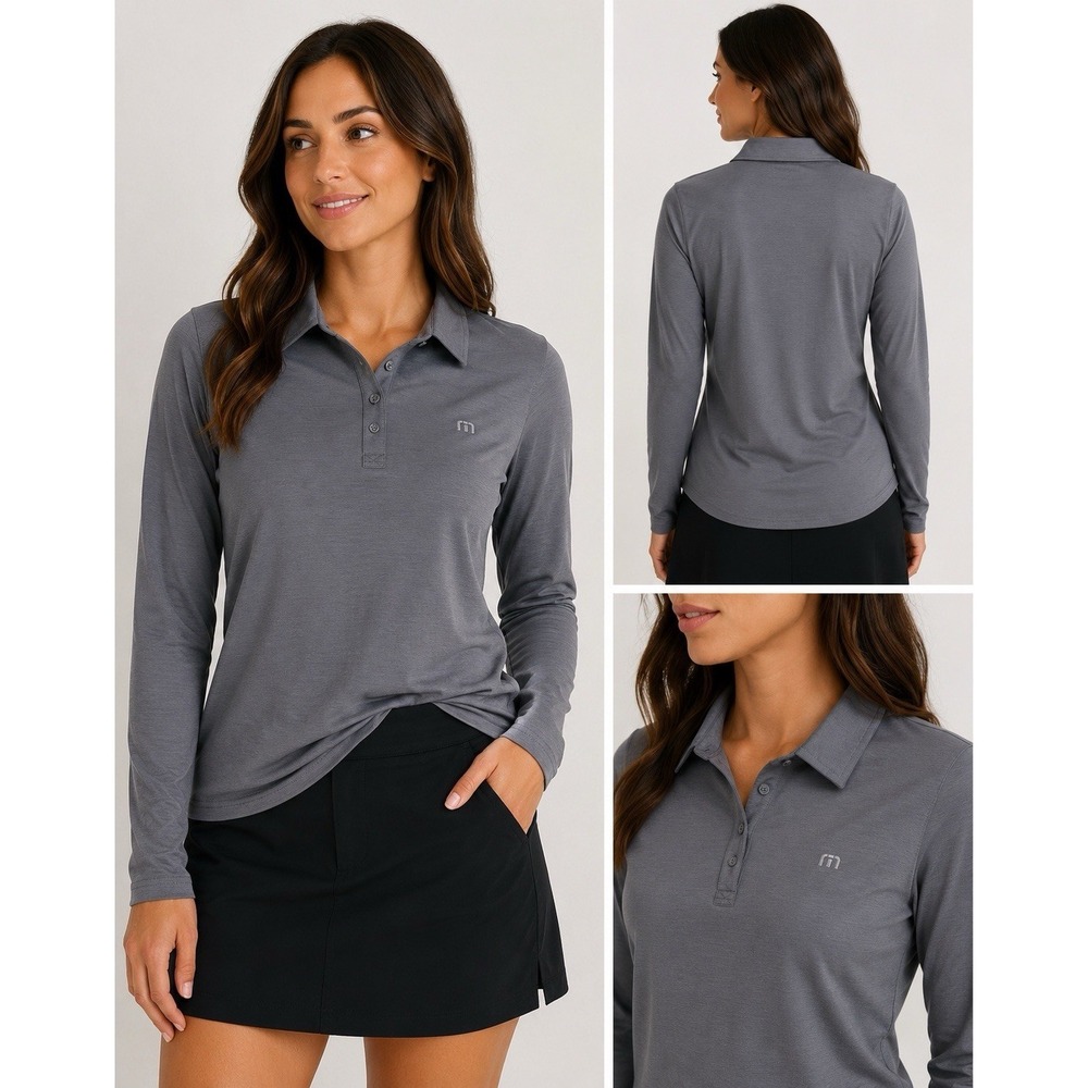 TravisMathew Women's Gray Long Sleeve Performance Golf Polo Shirt Size S